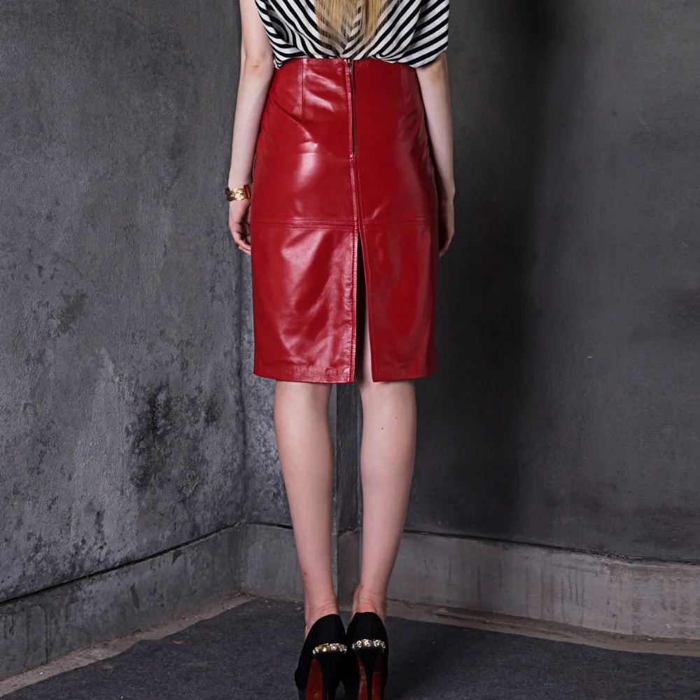 RYS625 Winter Classic Woman Genuine Leather Skirt Female Black/Red Sexy Midi Long Slim Knee Length Step Placketing Bust Faldas