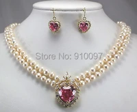 lhx54013new 2 row white pearl necklace heart pink zircon pendant earring set