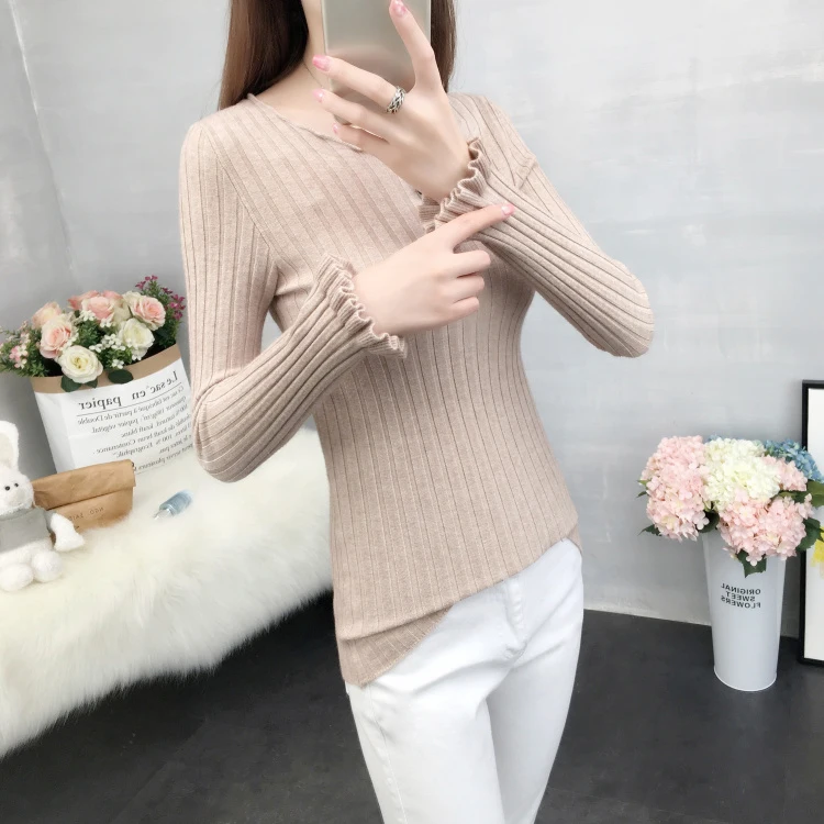 2019 winter sweater women's new head short paragraph Slim Korean version of the thin round neck long sleeve lotu | Женская одежда