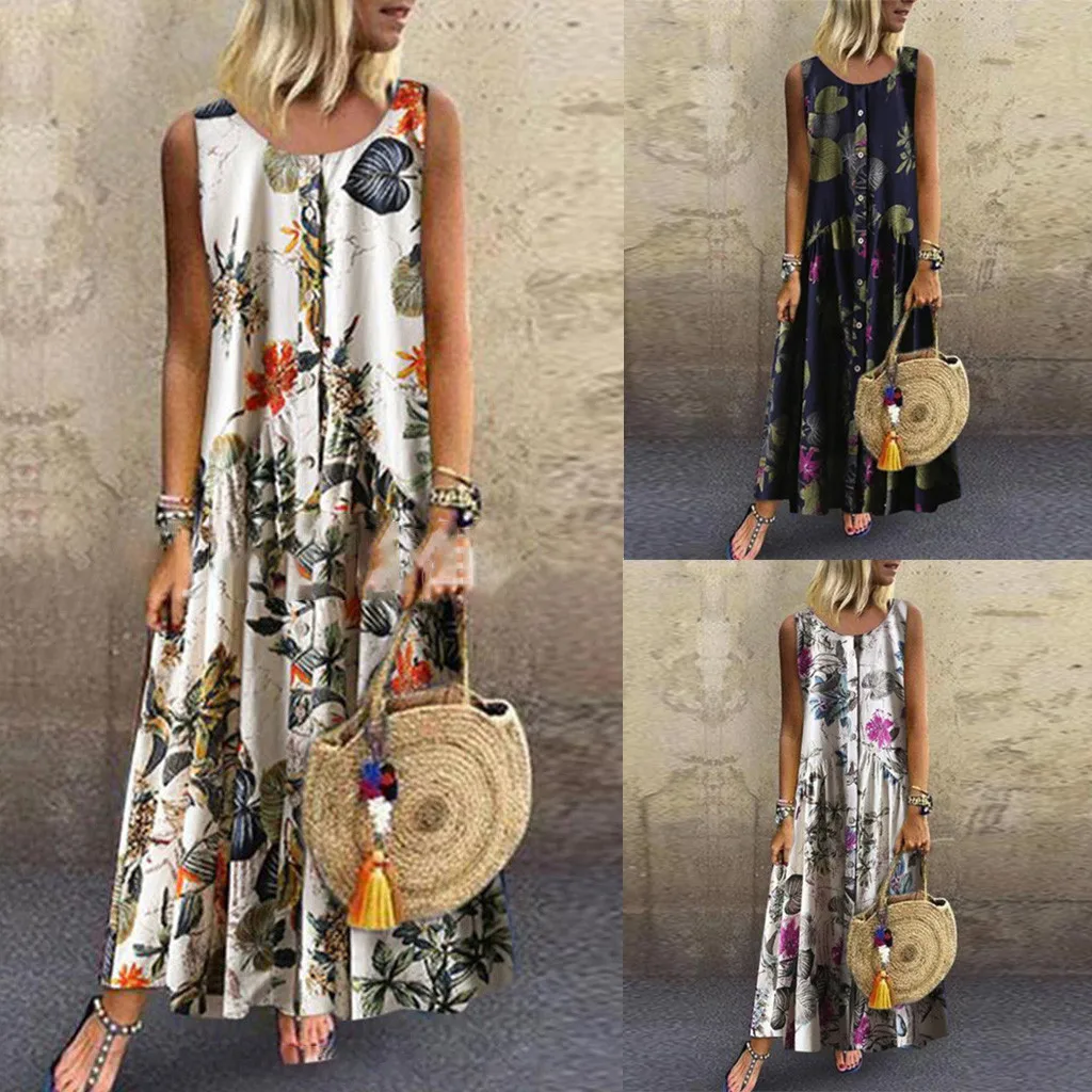 

KLV Women Plus Size summer dress Bohemian O-Neck Floral Print Maxi Dress Vintage Sleeveless Long Maxi Dress L300716