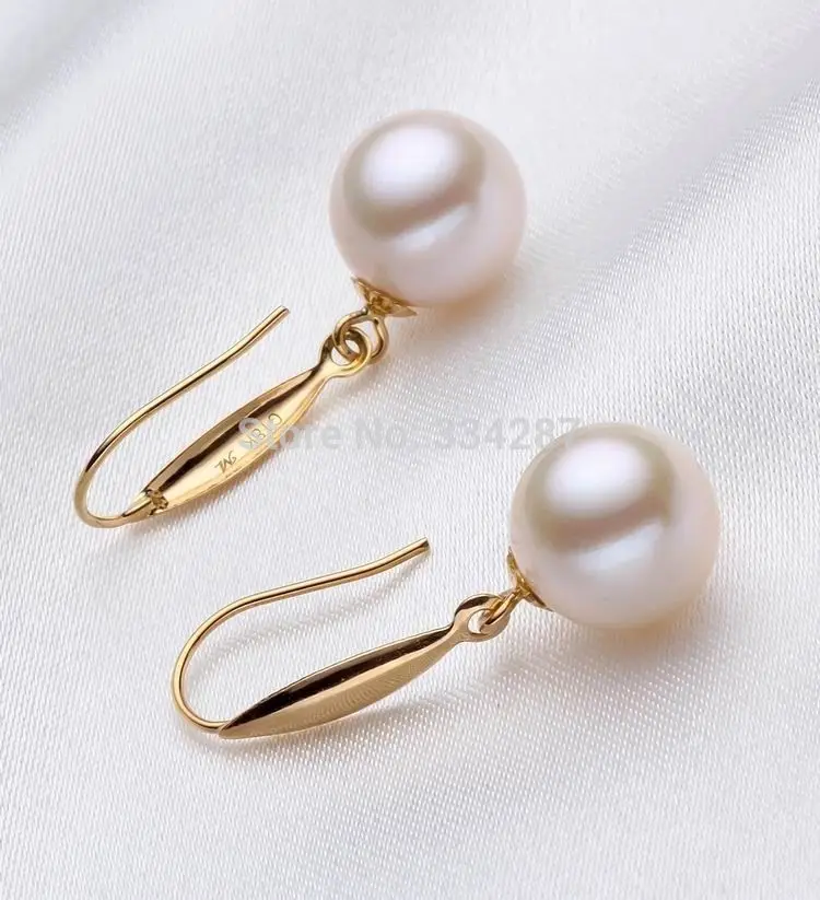 

Noble 10-11mm white Round pearl Dangle earrings 100% 18K Yellow Gold