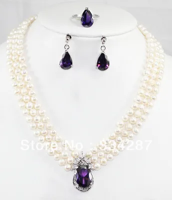 stunning 3 row 6-7mm white pearl &amp Amethyst pendant necklace ring set | Украшения и аксессуары