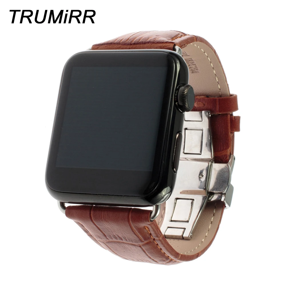

Calf Genuine Leather Strap for iWatch Apple Watch 38mm 40mm 42mm 44mm Series 4 3 2 1 Croco Sports Band Butterfly Clasp Bracelet