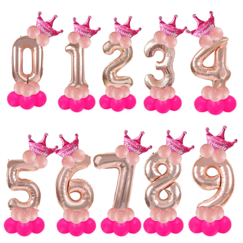 

32inch rose gold number balloons birthday party decorations kids/adult princess prince 1st birthday crown ballons column balloon