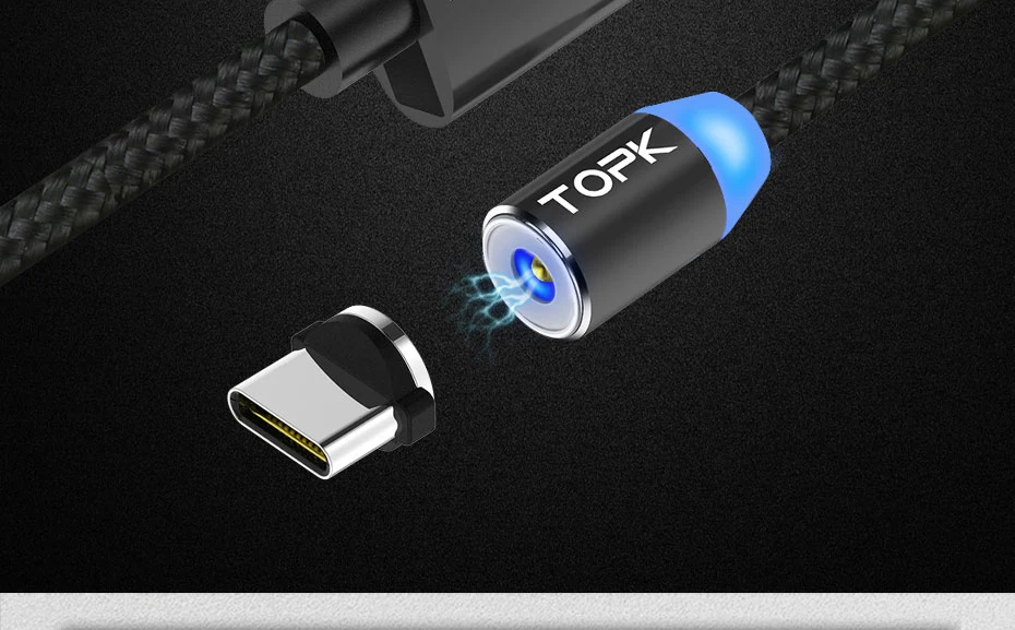 TOPK R-Line2 светодиодный магнитный кабель usb type C, обновленный нейлоновый Плетеный Магнитный кабель type-C для зарядного устройства samsung S8 Xiaomi Mi6 USB-C