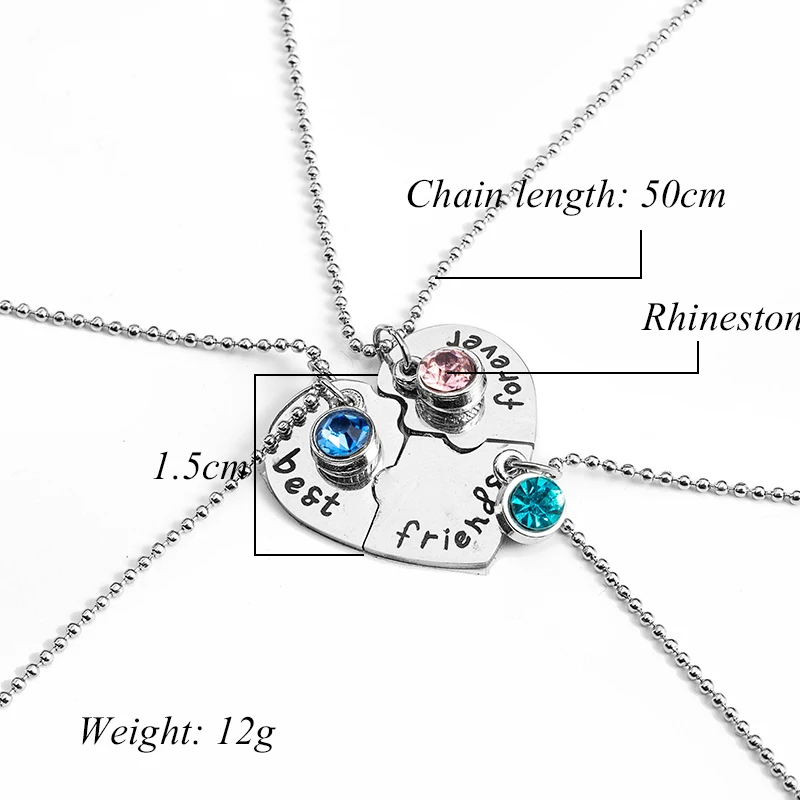 3pcs/set Best Friends Forever Puzzle Patch Necklaces Stainless Steel With Rhinestone Pendant For Present Gifts|necklace stainless steel|best friends