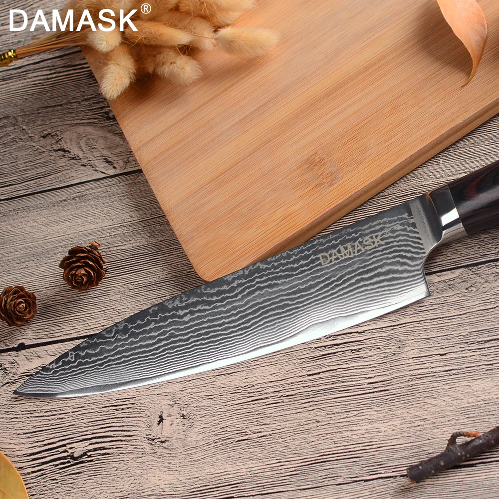 Damask Kitchen Knives Set Damascus Steel Color Wood Handle Paring Utility Chopping Santoku Slicing Chef Cooking Knife | Дом и сад