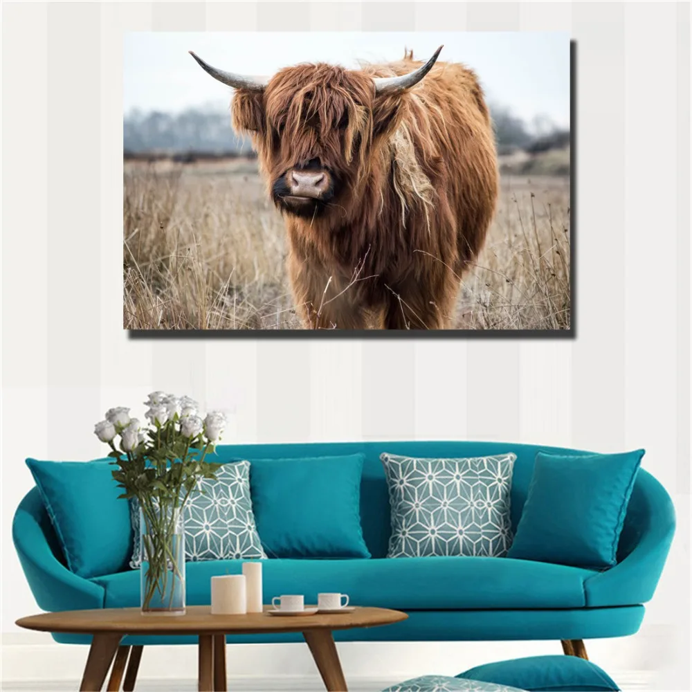 Highland корова настенное искусство холст печать реалистичные животные настенные