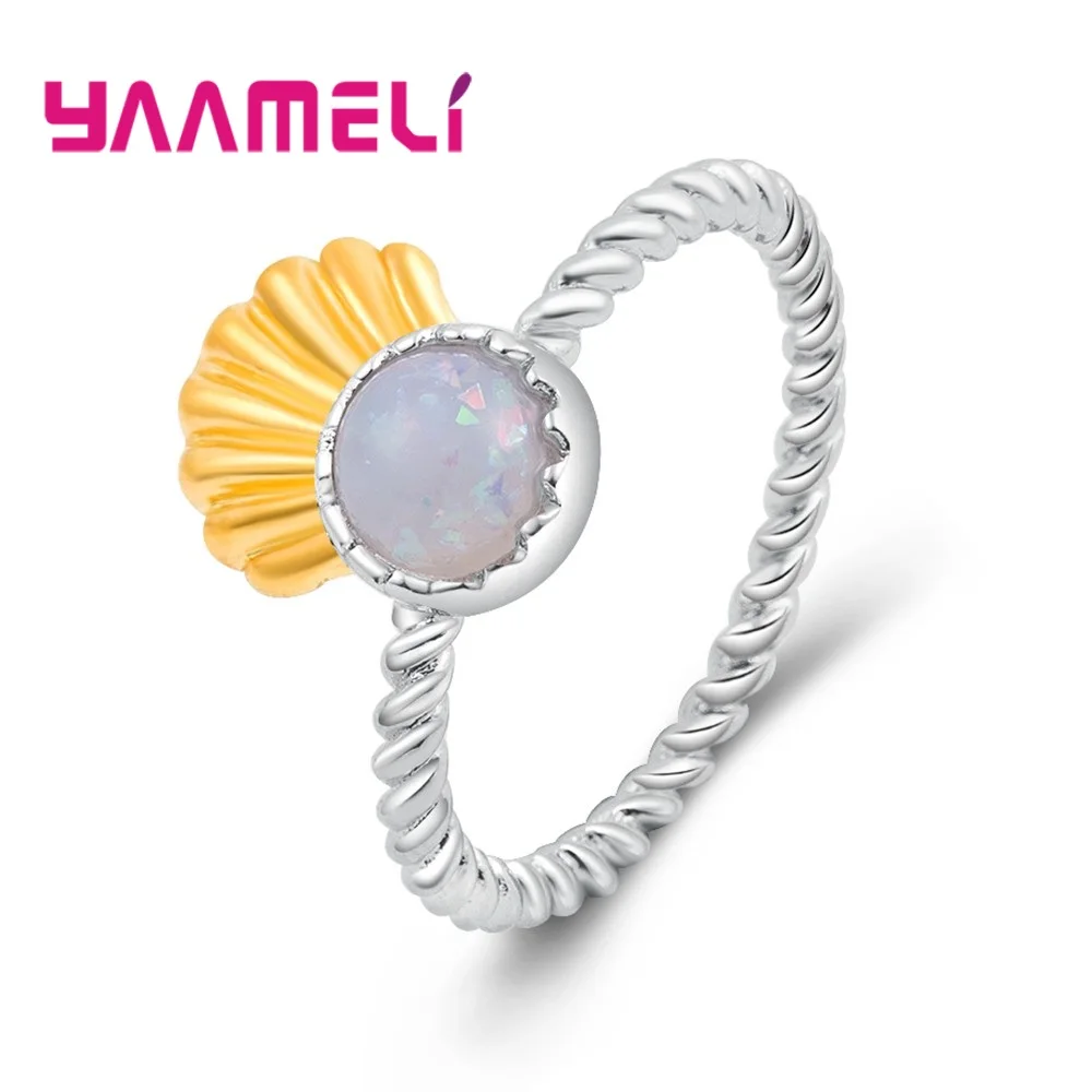 

Special Design Round Opal Store +Gold Shell Shape 925 Sterling Silver Finger Rings For Women Female Crystal Jewelry