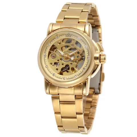Роскошные золотые женские Автоматические механические часы, женские модные часы из нержавеющей стали, женские полые часы с кристаллами-скелетоны Saati