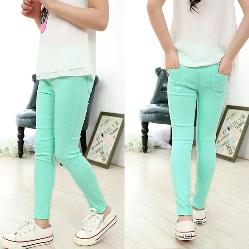 Эластичные весенне осенние детские длинные брюки карамельных цветов для девочек