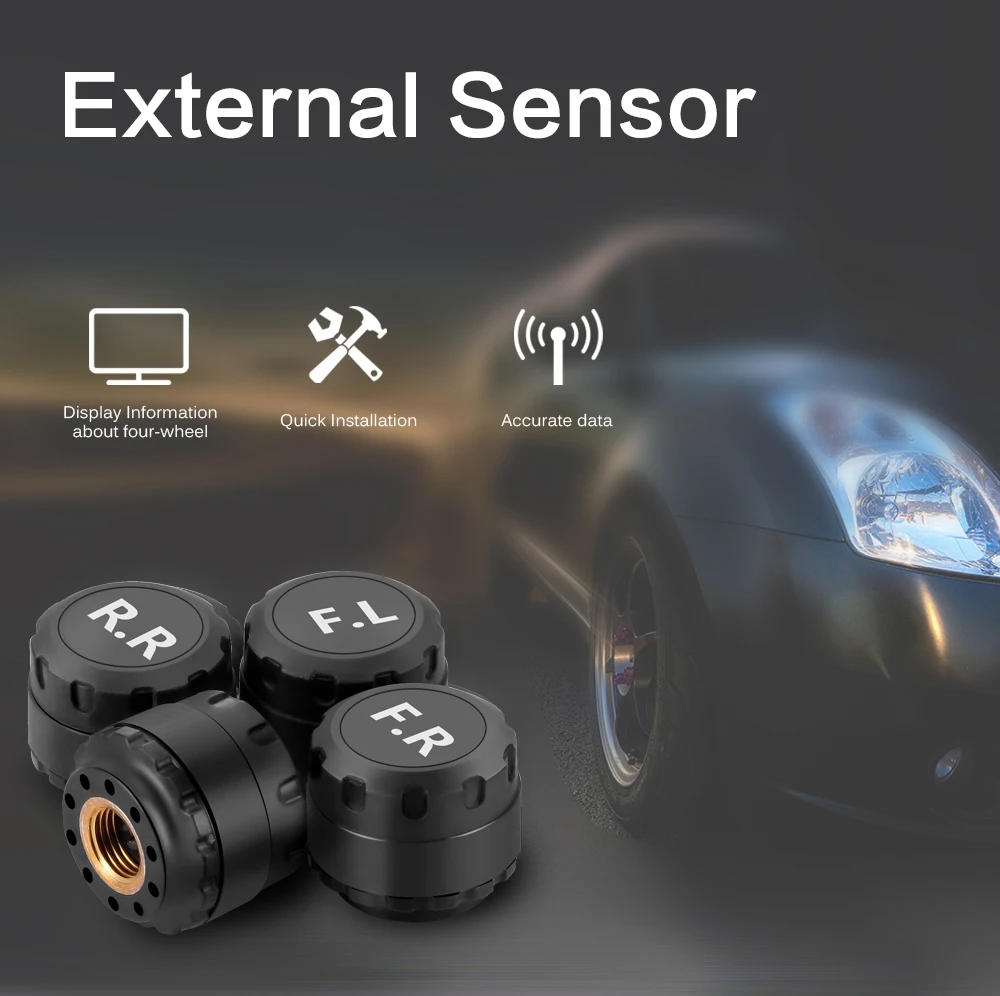 Car TPMS Wireless Tire Pressure Monitor Alarm System+4 External Sensor Tyre Detector Real-time Monitoring Solar/USB Charge Power |