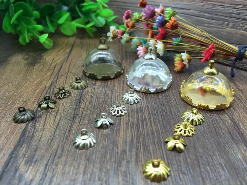 

50sets/lot bronze/silver/gold crown base tray with 25mm half round glass dome inserts Charm vial pendants necklace sets