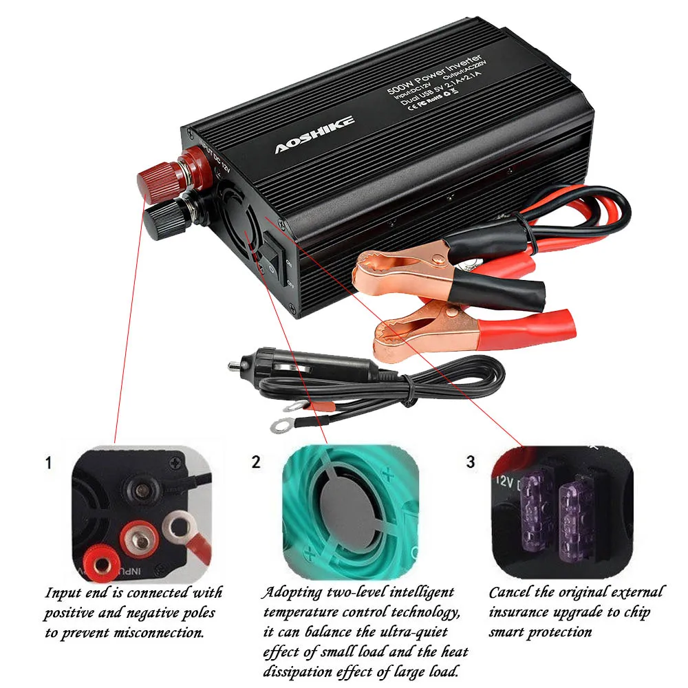 AOSHIKE Dual USB 4.2A инвертор 12 В 220 В 300 Вт 500 Вт ЕС Автомобильный инвертор 12 В до 220 В автомобильный трансформатор напряжения автомобильный адаптер