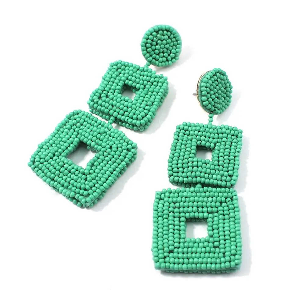 Green Earrings MANILAI Square Handmade Beads Drop Earrings For Women Jewelry Geometric Dangle Earrings Statement Big Bead Pendant Wedding - Окраска металла: Green Earrings