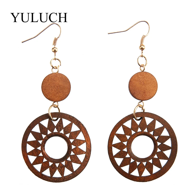 YULUCH African Style Natural Wood Big Earrings Women Round Wooden Jewelry Long Drop Earring Elegant Design | Украшения и