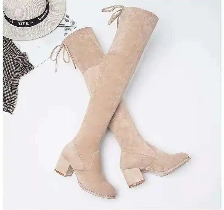 Med Slip-On Fashion Women Over-the-Knee Boots Flock Round Toe Sewing Long Thigh Solid Platform Square Heel Winter Shoes | Обувь
