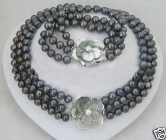 Wholesale free shipping &gt&gtNEW Noblest 3 row 7-8MM black pearl necklace bracelet set 17-19&quot7.5&quot | Украшения и
