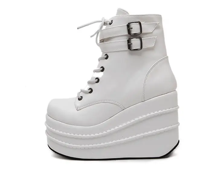 Размеры 35-42; Botas Mujer Plataforma; коллекция года; зимние женские ботинки; белые ботинки на высокой танкетке в стиле панк; ботинки на танкетке со шнуровкой