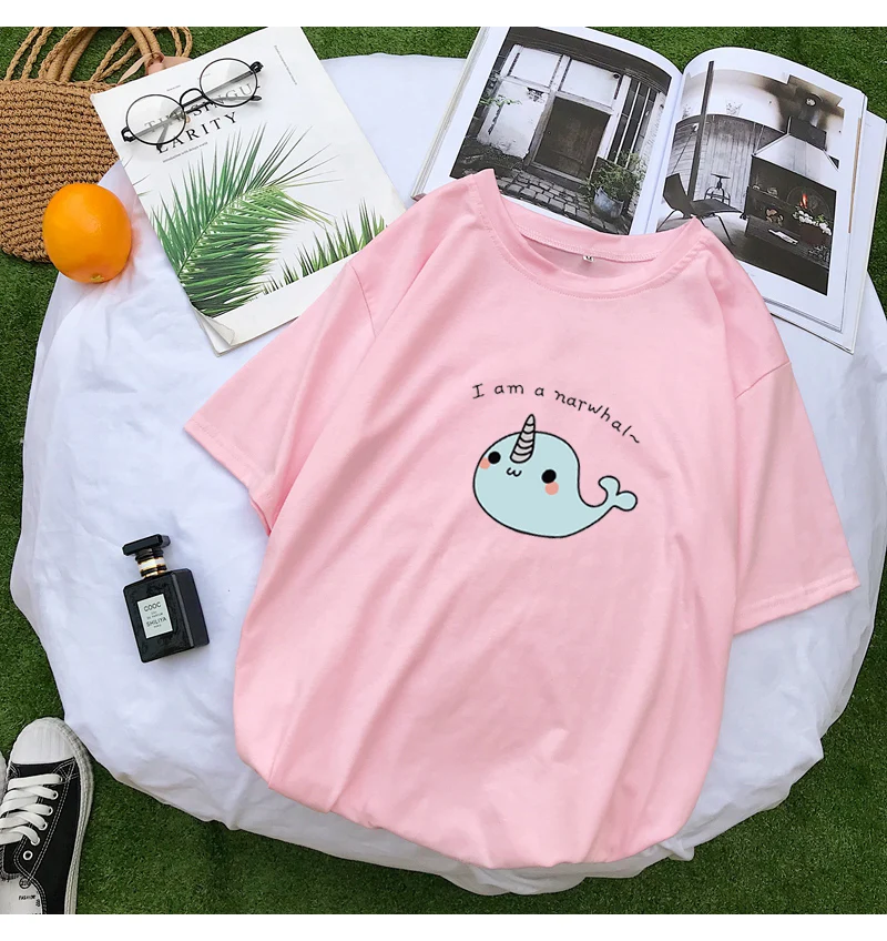 Летние Kawaii футболки женские короткий рукав прекрасный КИТ мультфильм печати повседневные свободные уличная Harajuku Tumblr Топы Корейская одежда