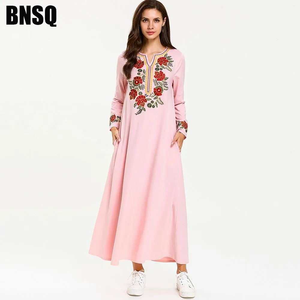 BNSQ/костюм для родителей и ребенка, платья для больших девочек, розовое платье с вышитым карманом и длинными рукавами в мусульманском стиле, Повседневное платье для детей, Wowan