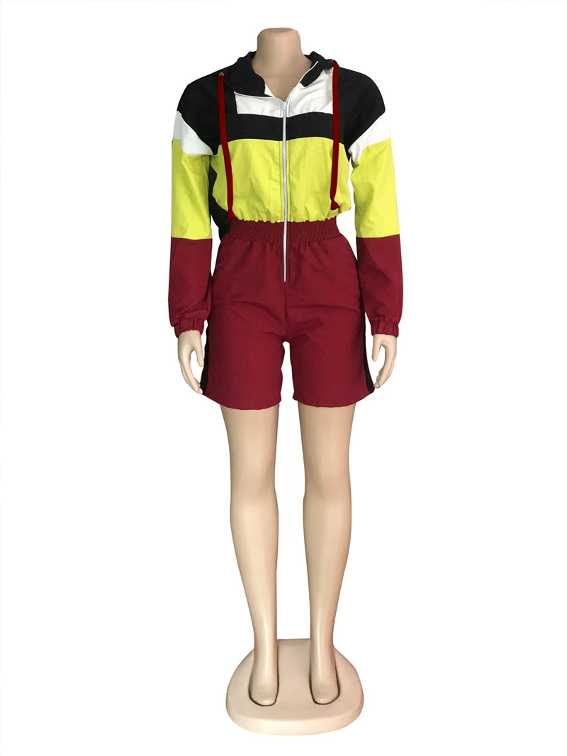 

Adogirl Color Patchwork Women Hooded Jumpsuit Sexy Zipper V Neck Long Sleeve Loose Casual Romper Fashion Playsuits Sportswear