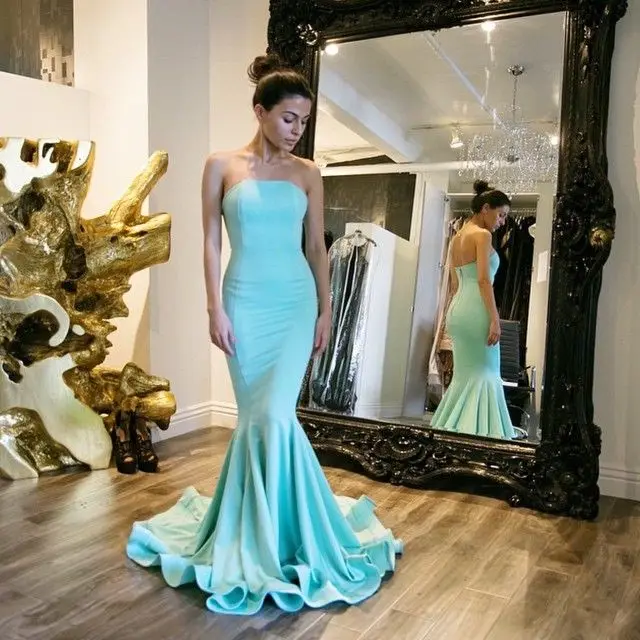 Vestido Formatura 2016 без бретелек синий русалка пром дешево-быстрая доставка | Свадьбы и