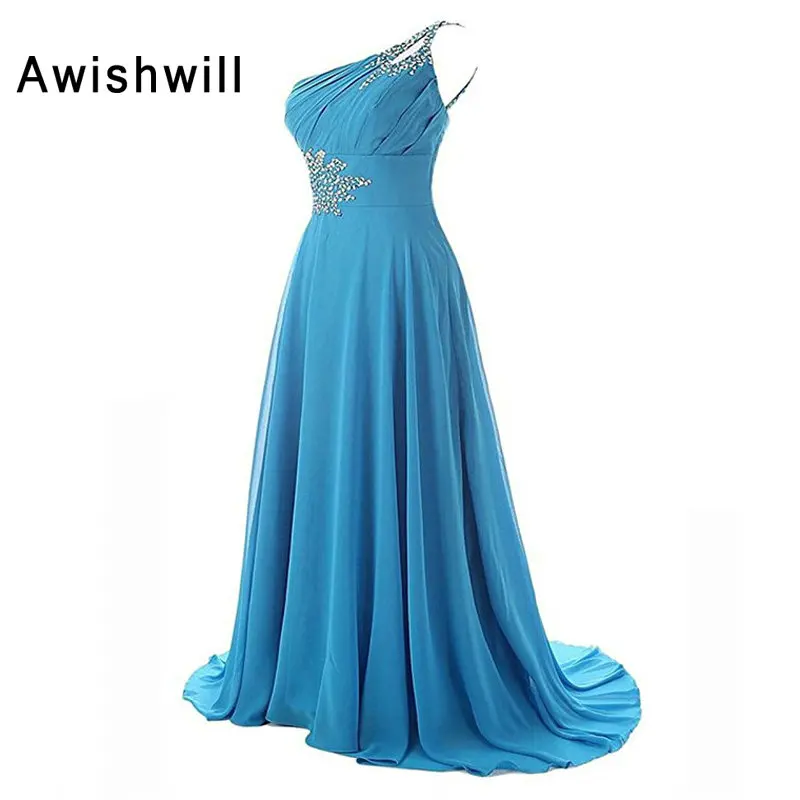 Женское вечернее платье с открытым плечом элегантное шифоновое до пола бусинами