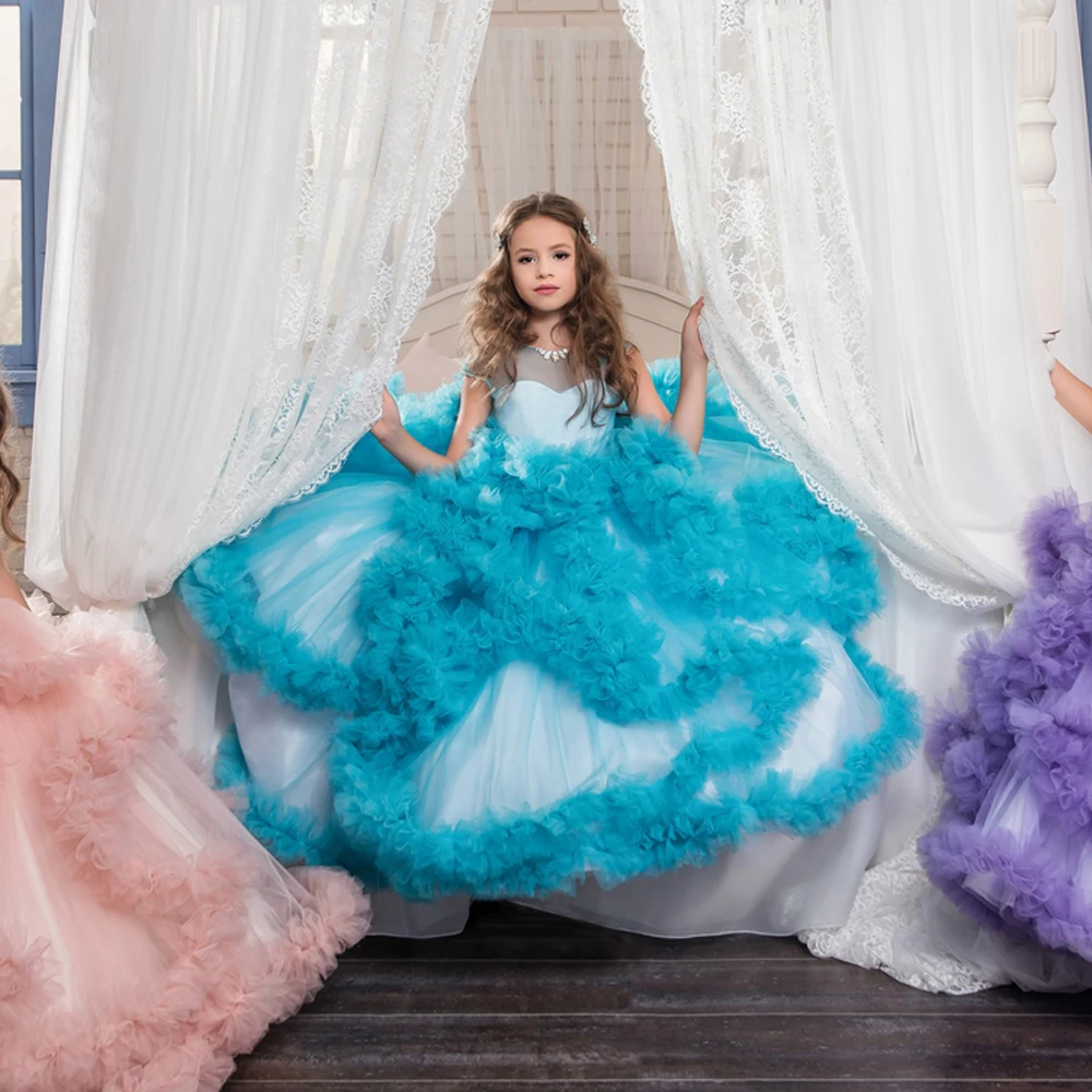 Fancy Puffy Pink Pageant Dresses for Girls Long Kids Ball Gowns Vestidode Tulle Flower Girl Wedding Party | Детская одежда и обувь