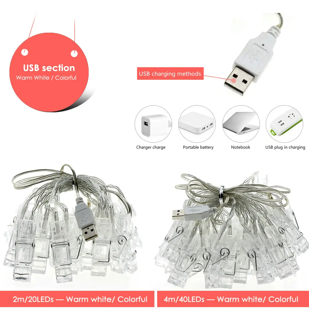 Светодиодная гирлянда с зажимом USB/батарея карта питания фото Новогодняя