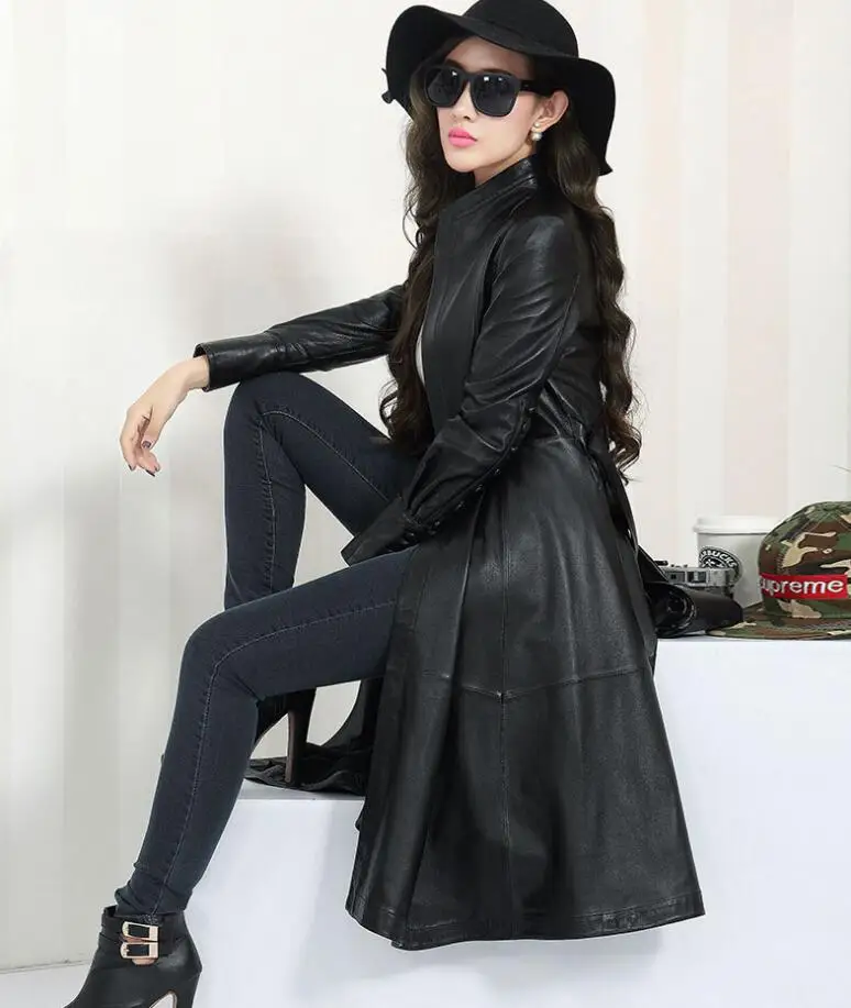 

New fashion Women PU Leather coat High Quality PU Leather Coats long Belted Slim PU Leather Trench Coats s1397