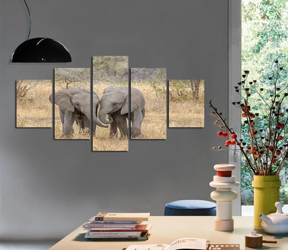 Картина маслом работает поле Два Слона Животные Играть картина холст украшение