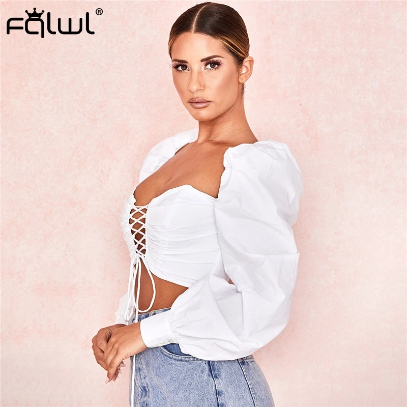 Женская блузка FQLWL белая облегающая с длинным рукавом и открытой спинкой | одежда