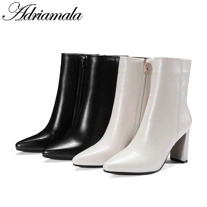2018 Genuine Leather Ladies High Heel Boots Mid-calf Zip Pointed Toe Round Heels Cow For Women Adriamala | Обувь