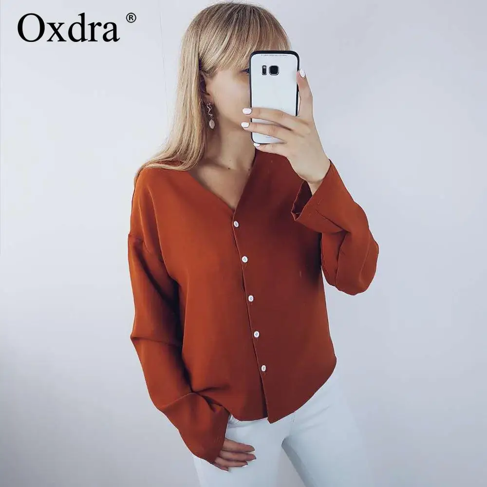 Oxdra весенние топы 2019 однотонная блузка с v образным вырезом элегантные свободные