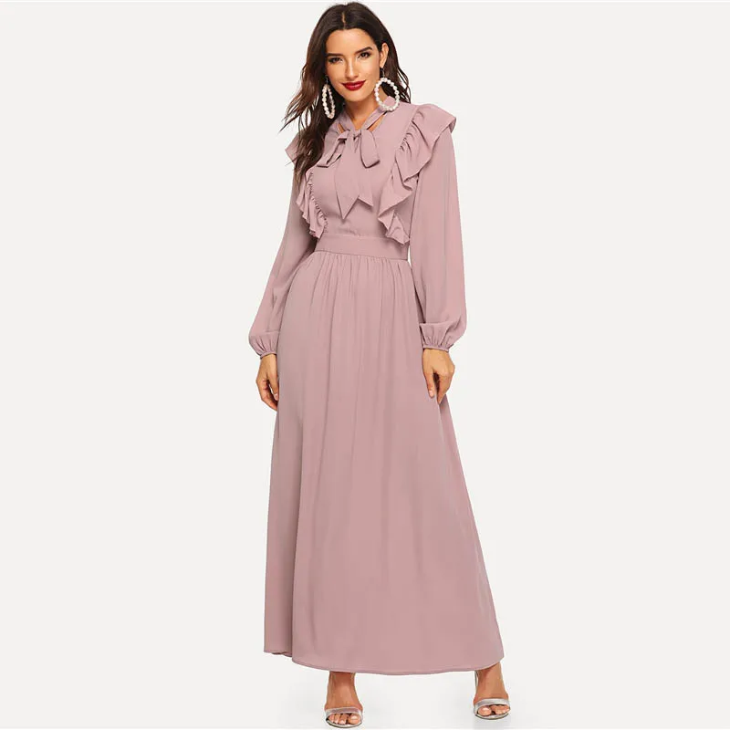 SHEIN Приталенное Расклешенное Платье С Оборкой И Воротником-Бантом, Макси Платье С Длинным Рукавом