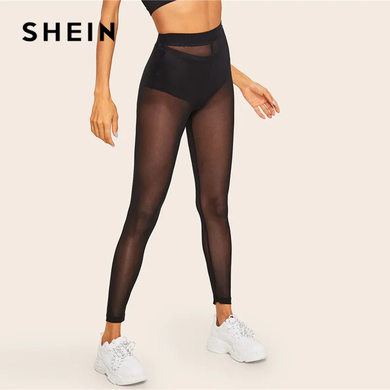 SHEIN женские прозрачные сетчатые сексуальные леггинсы без трусиков, весна-лето, однотонные женские леггинсы с средней талией, черные леггинсы на выход