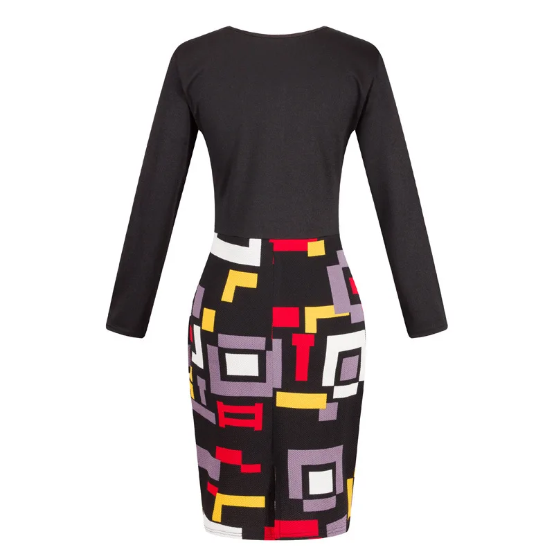 Женское офисное платье в стиле пэчворк осенние черные платья большого размера 2019