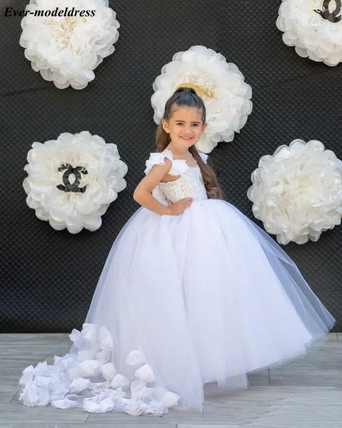 Chic White First Holy Communion Dresses Appliques Ball Gowns Flower Girls Dresses For Wedding With Hand Made Flowers