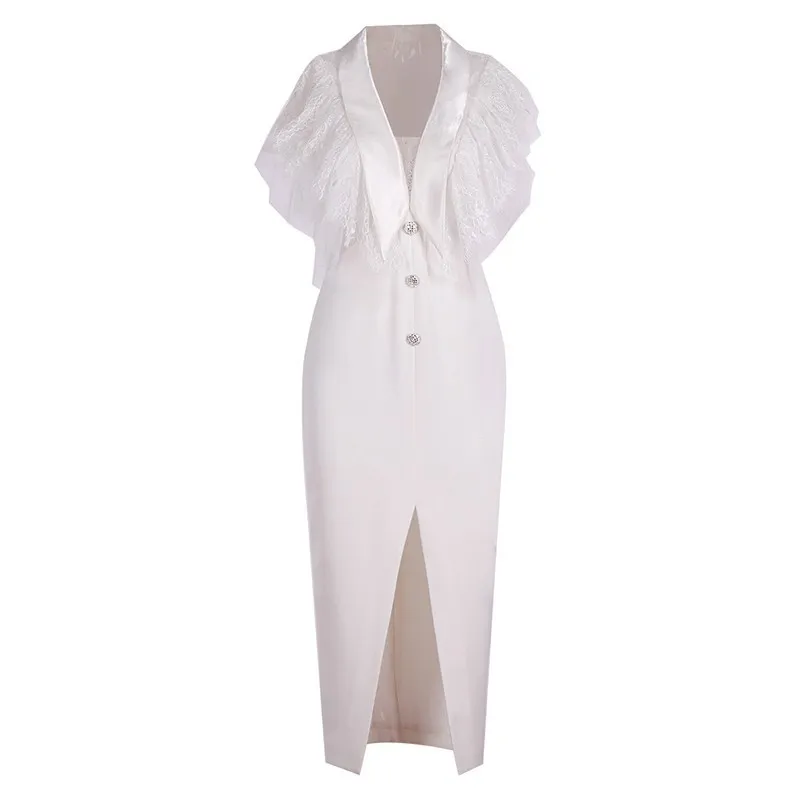 white TWOTWINSTYLE кружевное лоскутное женское платье с v-образным вырезом и открытыми плечами, без рукавов, высокая талия, разрезная кнопка, миди платья, женские модные сексуальные платья - Цвет: white