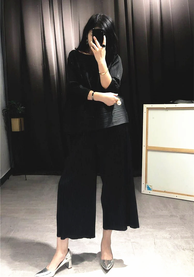 black Changpleat свободные женские комплекты Miyak плиссированные модные однотонные свободные штаны и футболки из двух предметов женские костюмы плюс Размеры прилив - Цвет: black