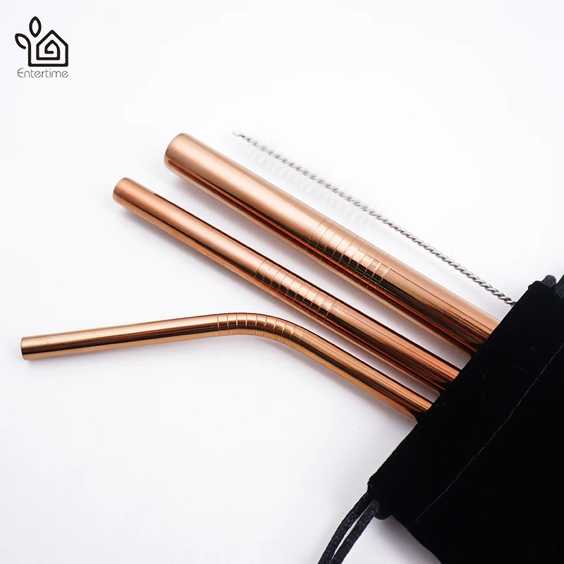 Entertime Set of 3pcs reusable Stainless Steel Drinking Straws smoothie straws+1 pc cleaner brush with pouch bag 3 sets/lot | Дом и сад