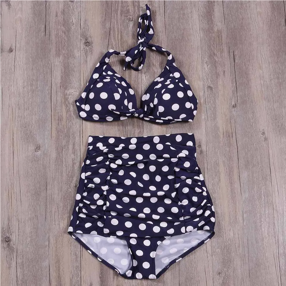 SUNRAINBOW 2019 Bikini Set New High Waist Push Up Swimsuit Bikinis Women Solid Print Swimwear Vintage Retro Halter Bathing Suit |