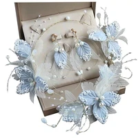 super fairy light blue lace headdress flower leaf headbands necklace earrings sets wedding bridal hair accessories