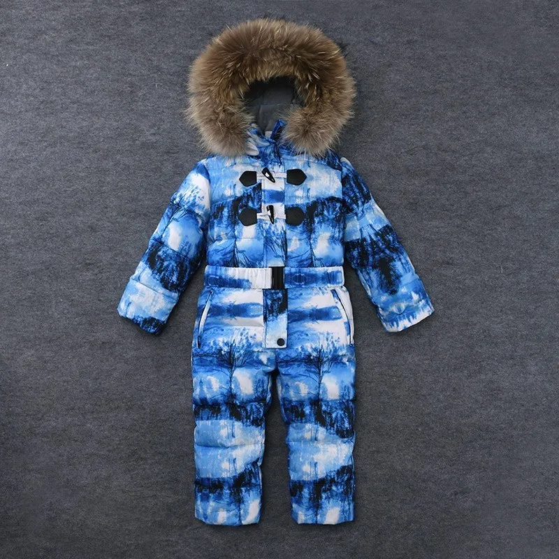 Camouflage blue Верхняя одежда для температуры-30 градусов, детский лыжный костюм, детский Пуховый комбинезон, парка, капюшон с натуральным мехом, теплая одежда для мальчиков и девочек, зимние комбинезоны для детей 2-7 лет - Цвет: Camouflage blue