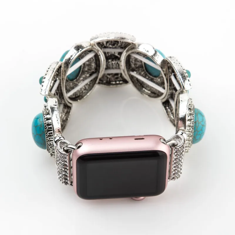 Винтажный Бирюзовый ювелирный растягивающийся браслет для Apple Watch, ремешок серии 5, 4, 3, 2, 1, богемский ремешок для iWatch 44 мм, 42 мм, 40, 38 мм, ремень