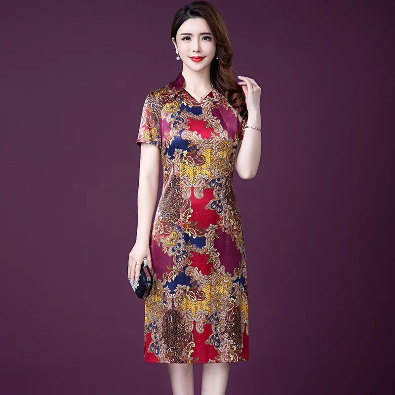 5XL Plus Size Dresses Women Imitate Real Silk Dress Fashion Mother Summer Print Party Vestidos Elegant High Quality W985 | Женская