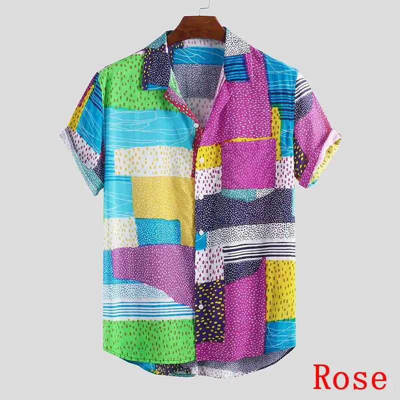 Rose Shirt Летняя разноцветная рубашка с принтом для мужчин, стиль, уличная блуза на пуговицах с отворотом, с коротким рукавом, Гавайские рубашки для отдыха, для мужчин - Цвет: Rose Shirt
