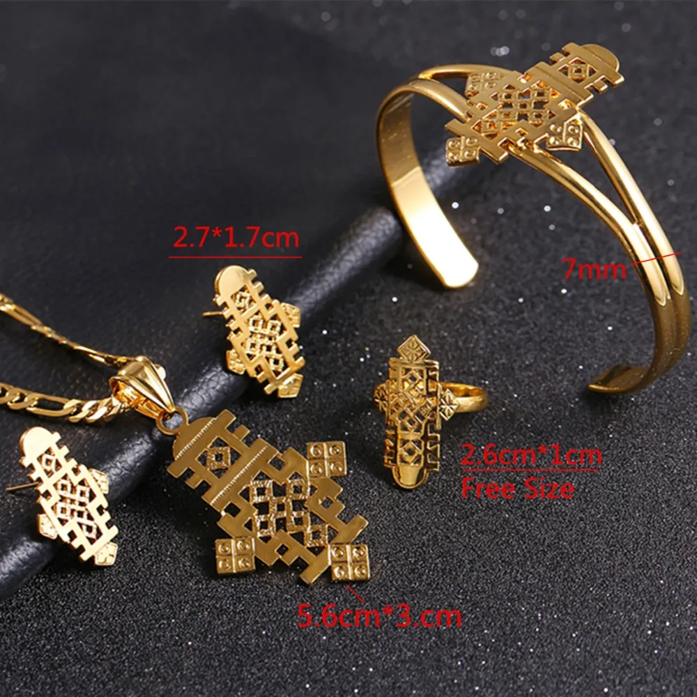 

Bangrui Ethiopian Cross Necklace Pendant Earring Ring Bangle Set Gold color Eretrian Jewelry African Item Coptic Cross Abyssini
