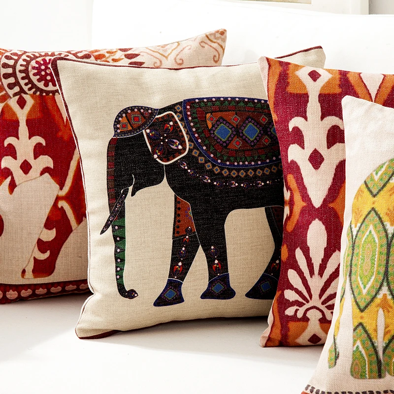 Animal Retro Neoclassical Elephant Pillow Cover Solid Red Yellow Geometric Cushion Home Decorative PillowCase |